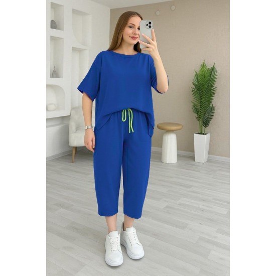 Kadın Kısa Kollu Bisiklet Yaka Viskon Iki Iplik Bluz Ve Pantolon Ikili Takım , 31227