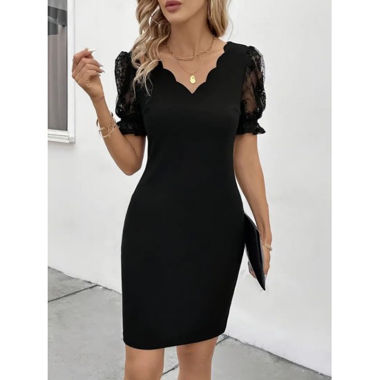 Kadın Kısa Kollu Dantelli V Yakalı Yanlardan Büzgülü çapraz Detaylı Ithal Krep Elbise , 31226