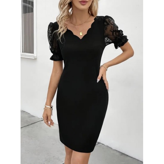 Kadın Kısa Kollu Dantelli V Yakalı Yanlardan Büzgülü çapraz Detaylı Ithal Krep Elbise , 31226