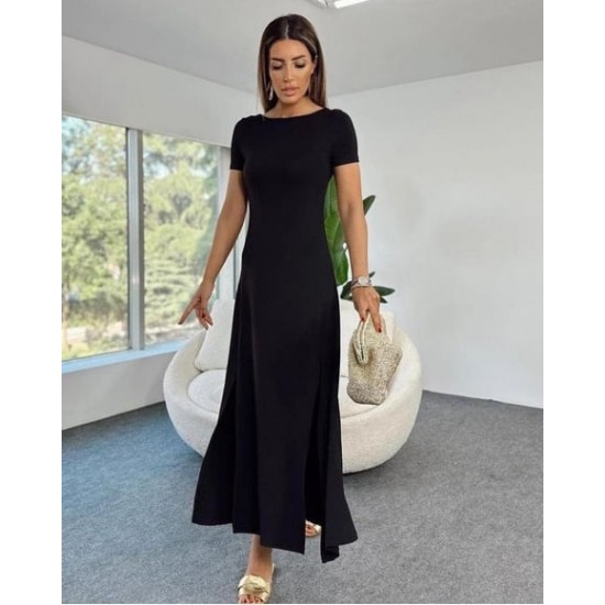 Kadın Kısa Kollu Sırt Dekolteli Yırtmaç Detaylı Viskon Elbise , 31218