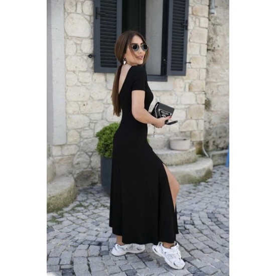 Kadın Kısa Kollu Sırt Dekolteli Yırtmaç Detaylı Viskon Elbise , 31218