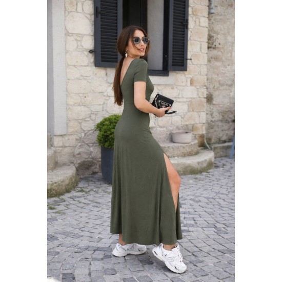 Kadın Kısa Kollu Sırt Dekolteli Yırtmaç Detaylı Viskon Elbise , 31217