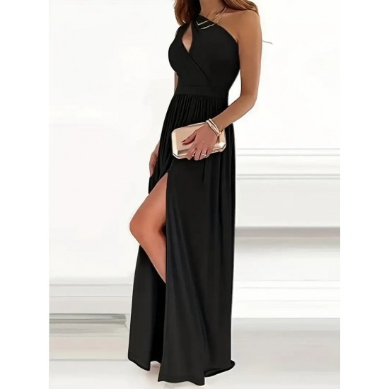 Kadın Omuzlardan Açık Asimetrik Yaka Detaylı Yırtmaçlı Maksi Boy Janjan Krep Elbise, 31215