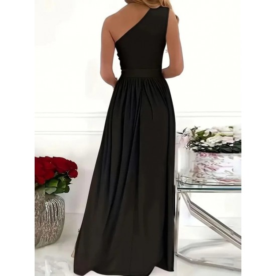 Kadın Omuzlardan Açık Asimetrik Yaka Detaylı Yırtmaçlı Maksi Boy Janjan Krep Elbise, 31215