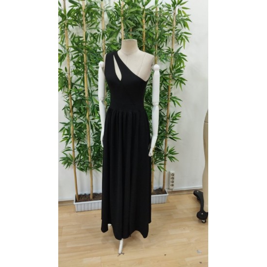 Kadın Omuzlardan Açık Asimetrik Yaka Detaylı Yırtmaçlı Maksi Boy Janjan Krep Elbise, 31215