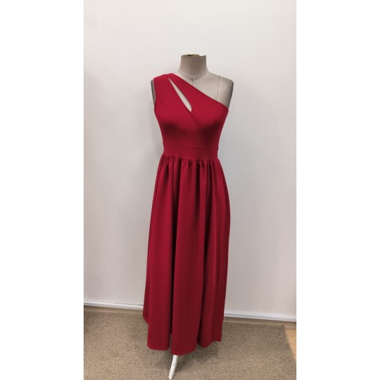 Kadın Omuzlardan Açık Asimetrik Yaka Detaylı Yırtmaçlı Maksi Boy Janjan Krep Elbise, 31214