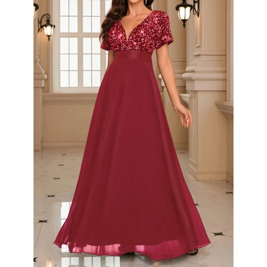 Kadın Kısa Kollu Derin V Yakalı A Kesim Pulpayet Detaylı şifon Nedime Elbisesi , 31210