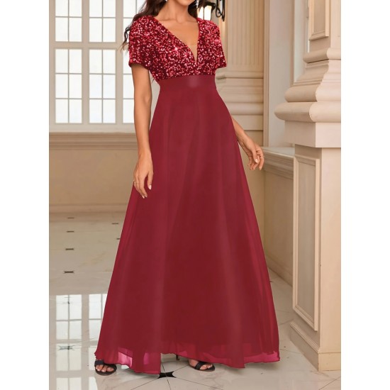 Kadın Kısa Kollu Derin V Yakalı A Kesim Pulpayet Detaylı şifon Nedime Elbisesi , 31210