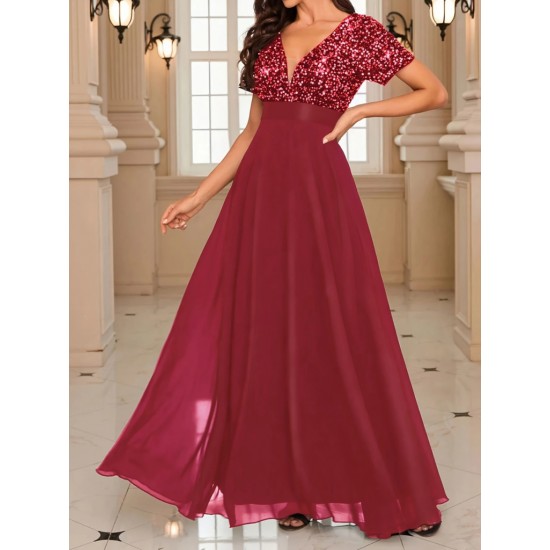 Kadın Kısa Kollu Derin V Yakalı A Kesim Pulpayet Detaylı şifon Nedime Elbisesi , 31210