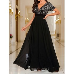 Kadın Kısa Kollu Derin V Yakalı A Kesim Pulpayet Detaylı şifon Nedime Elbisesi , 31209