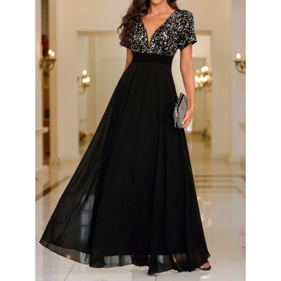 Kadın Kısa Kollu Derin V Yakalı A Kesim Pulpayet Detaylı şifon Nedime Elbisesi , 31209