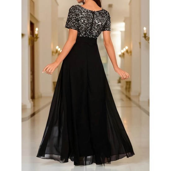 Kadın Kısa Kollu Derin V Yakalı A Kesim Pulpayet Detaylı şifon Nedime Elbisesi , 31209