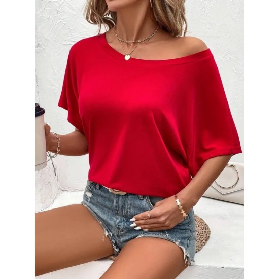 Kadın Tek Omuzu Açık Kısa Kollu Salaş Viskon Bluz, 31207