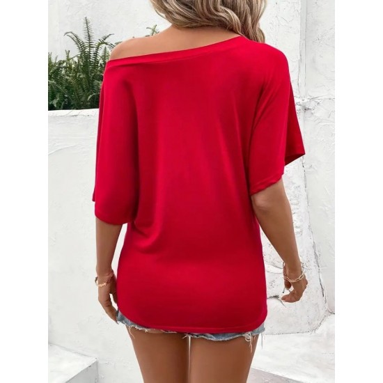 Kadın Tek Omuzu Açık Kısa Kollu Salaş Viskon Bluz, 31207