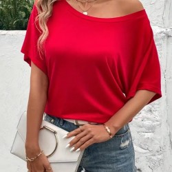 Kadın Tek Omuzu Açık Kısa Kollu Salaş Viskon Bluz, 31207 Kadın Tek Omuzu Açık Kısa Kollu Salaş Viskon Bluz, 31207