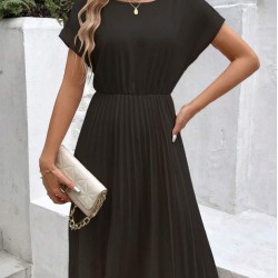 Kadın Kısa Kollu Yakası Açık Belden Lastikli Pileli Kısa Ithal Krep Elbise, 31206