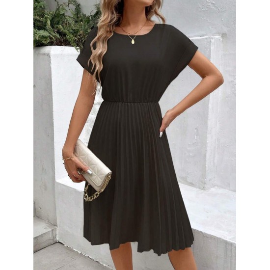 Kadın Kısa Kollu Yakası Açık Belden Lastikli Pileli Kısa Ithal Krep Elbise, 31206