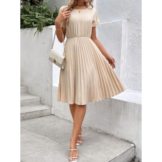 Kadın Kısa Kollu Yakası Açık Belden Lastikli Pileli Kısa Ithal Krep Elbise, 31205