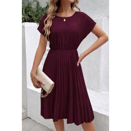 Kadın Kısa Kollu Yakası Açık Belden Lastikli Pileli Kısa Ithal Krep Elbise, 31204