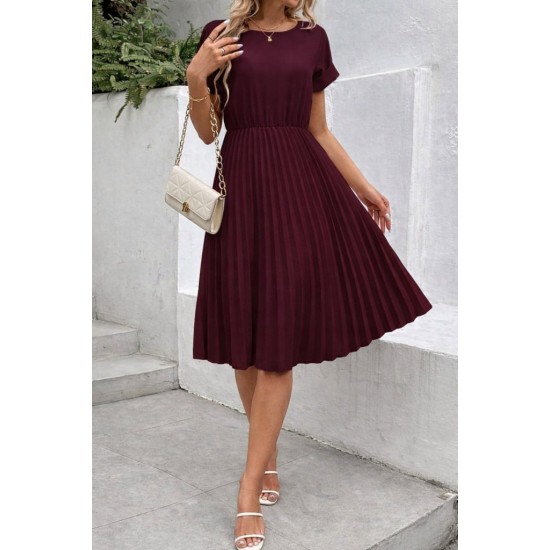 Kadın Kısa Kollu Yakası Açık Belden Lastikli Pileli Kısa Ithal Krep Elbise, 31204