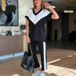 Kadın Kısa Kollu V Yakalı çift Renkli Viskon Iki Iplik Ikili Bluz Ve Pantolon Takım, 31203 Kadın Kısa Kollu V Yakalı çift Renkli Viskon Iki Iplik Ikili Bluz Ve Pantolon Takım, 31203