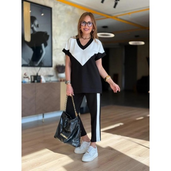 Kadın Kısa Kollu V Yakalı çift Renkli Viskon Iki Iplik Ikili Bluz Ve Pantolon Takım, 31203