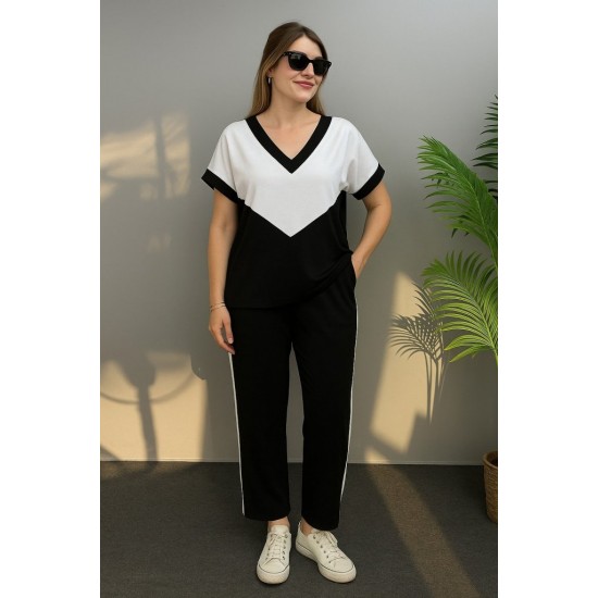 Kadın Kısa Kollu V Yakalı çift Renkli Viskon Iki Iplik Ikili Bluz Ve Pantolon Takım, 31203