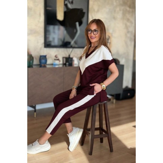 Kadın Kısa Kollu V Yakalı çift Renkli Viskon Iki Iplik Ikili Bluz Ve Pantolon Takım, 31202