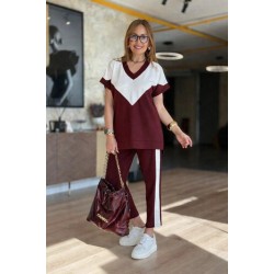 Kadın Kısa Kollu V Yakalı çift Renkli Viskon Iki Iplik Ikili Bluz Ve Pantolon Takım, 31202