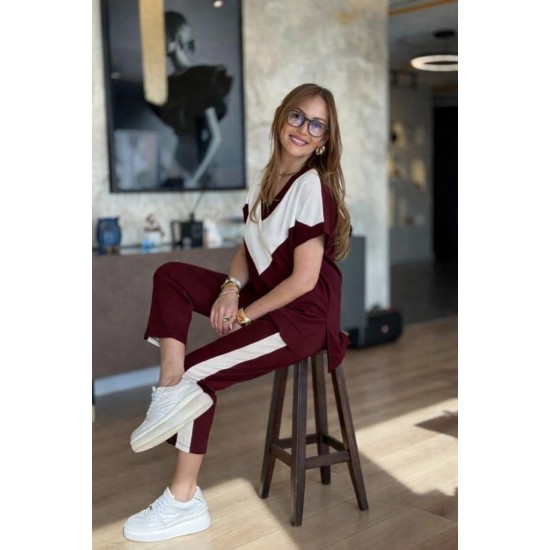 Kadın Kısa Kollu V Yakalı çift Renkli Viskon Iki Iplik Ikili Bluz Ve Pantolon Takım, 31202