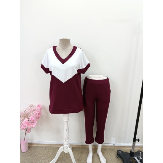 Kadın Kısa Kollu V Yakalı çift Renkli Viskon Iki Iplik Ikili Bluz Ve Pantolon Takım, 31202