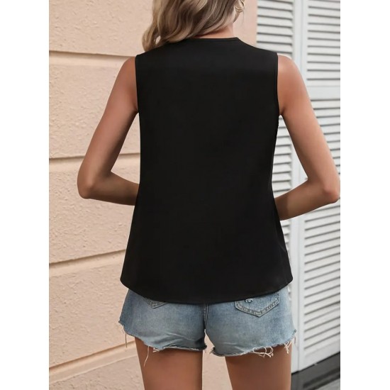 Kadın Kolsuz V Yakalı Blok Renkli Ithal Krep Bluz, 31201