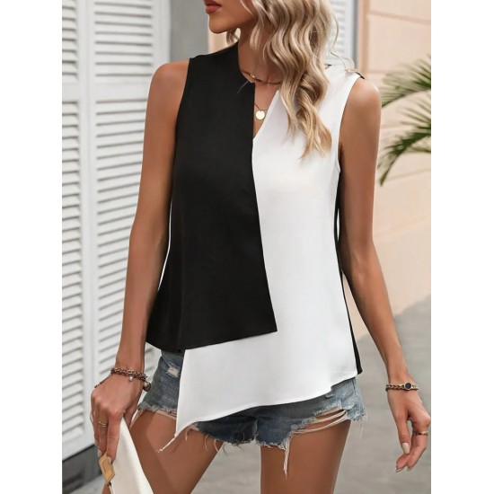 Kadın Kolsuz V Yakalı Blok Renkli Ithal Krep Bluz, 31201