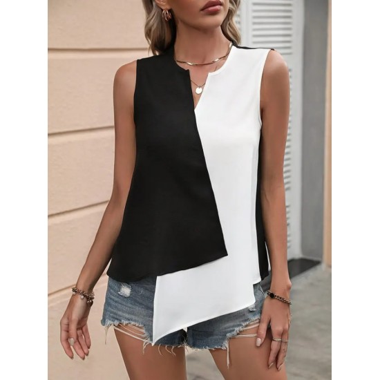 Kadın Kolsuz V Yakalı Blok Renkli Ithal Krep Bluz, 31201