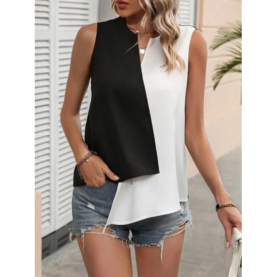 Kadın Kolsuz V Yakalı Blok Renkli Ithal Krep Bluz, 31201