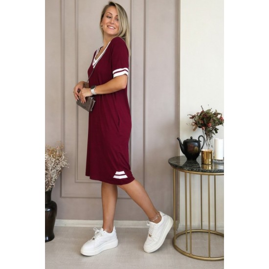 Kadın Kısa Kollu V Yaka Ribana Detaylı Cepli Dizüstü Viskon Elbise, 31196