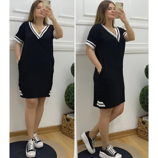 Kadın Kısa Kollu V Yaka Ribana Detaylı Cepli Dizüstü Viskon Elbise, 31195