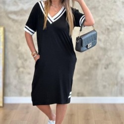 Kadın Kısa Kollu V Yaka Ribana Detaylı Cepli Dizüstü Viskon Elbise, 31195