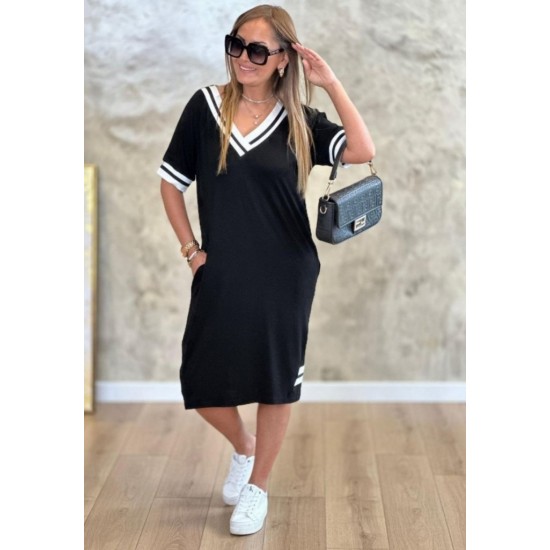 Kadın Kısa Kollu V Yaka Ribana Detaylı Cepli Dizüstü Viskon Elbise, 31195