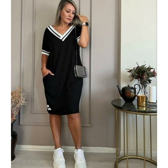 Kadın Kısa Kollu V Yaka Ribana Detaylı Cepli Dizüstü Viskon Elbise, 31195