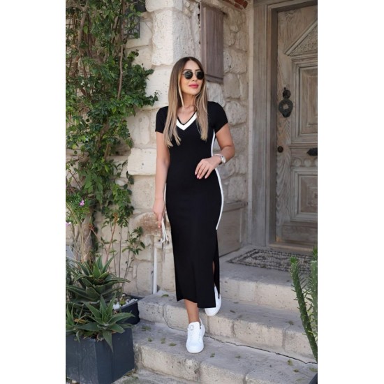 Kadın Kısa Kollu V Yakalı Yandan şerit Ve Yırtmaçlı Viskon Uzun Elbise, 31194 Kadın Kısa Kollu V Yakalı Yandan şerit Ve Yırtmaçlı Viskon Uzun Elbise, 31194