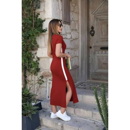 Kadın Kısa Kollu V Yakalı Yandan şerit Ve Yırtmaçlı Viskon Uzun Elbise, 31193