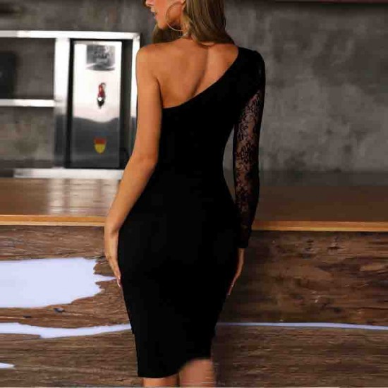 Kadın Siyah Tek Kol Dantel Detay Krep Elbise , 31192 Kadın Siyah Tek Kol Dantel Detay Krep Elbise , 31192