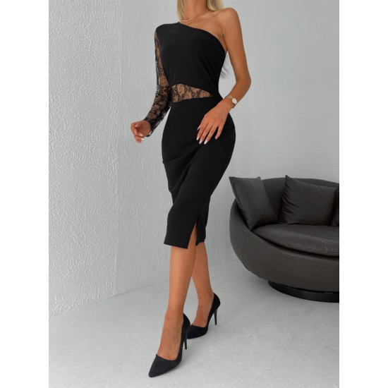 Kadın Siyah Tek Kol Dantel Detay Krep Elbise , 31192 Kadın Siyah Tek Kol Dantel Detay Krep Elbise , 31192