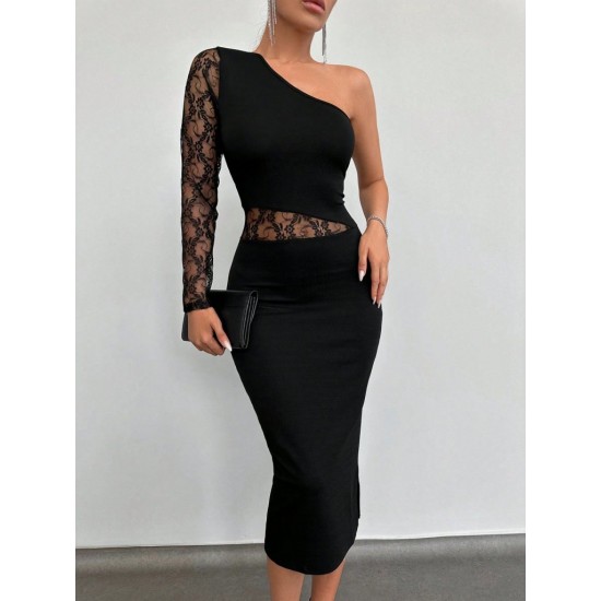 Kadın Siyah Tek Kol Dantel Detay Krep Elbise , 31192 Kadın Siyah Tek Kol Dantel Detay Krep Elbise , 31192