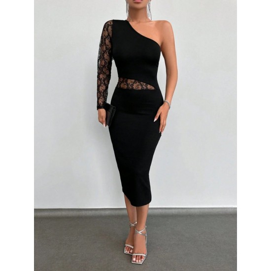 Kadın Siyah Tek Kol Dantel Detay Krep Elbise , 31192 Kadın Siyah Tek Kol Dantel Detay Krep Elbise , 31192