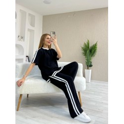 Kadın Kısa Kollu Bisiklet Yaka çift Renk şerit Detaylı Viskon Iki Iplik Bluz Ve Pantolon Ikili Takım , 31190