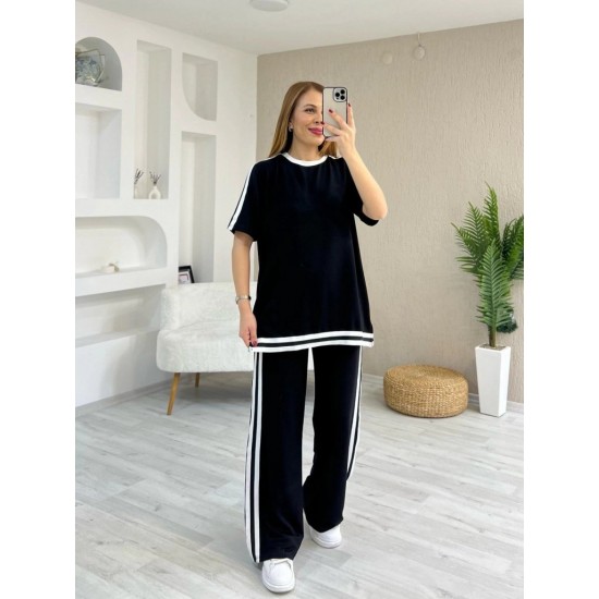 Kadın Kısa Kollu Bisiklet Yaka çift Renk şerit Detaylı Viskon Iki Iplik Bluz Ve Pantolon Ikili Takım , 31190