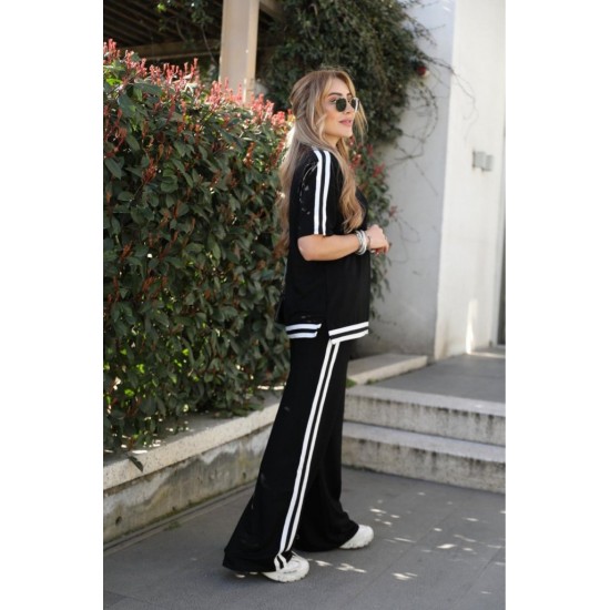 Kadın Kısa Kollu Bisiklet Yaka çift Renk şerit Detaylı Viskon Iki Iplik Bluz Ve Pantolon Ikili Takım , 31190