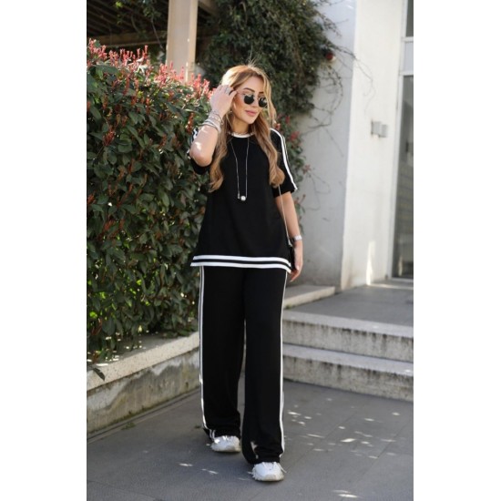 Kadın Kısa Kollu Bisiklet Yaka çift Renk şerit Detaylı Viskon Iki Iplik Bluz Ve Pantolon Ikili Takım , 31190